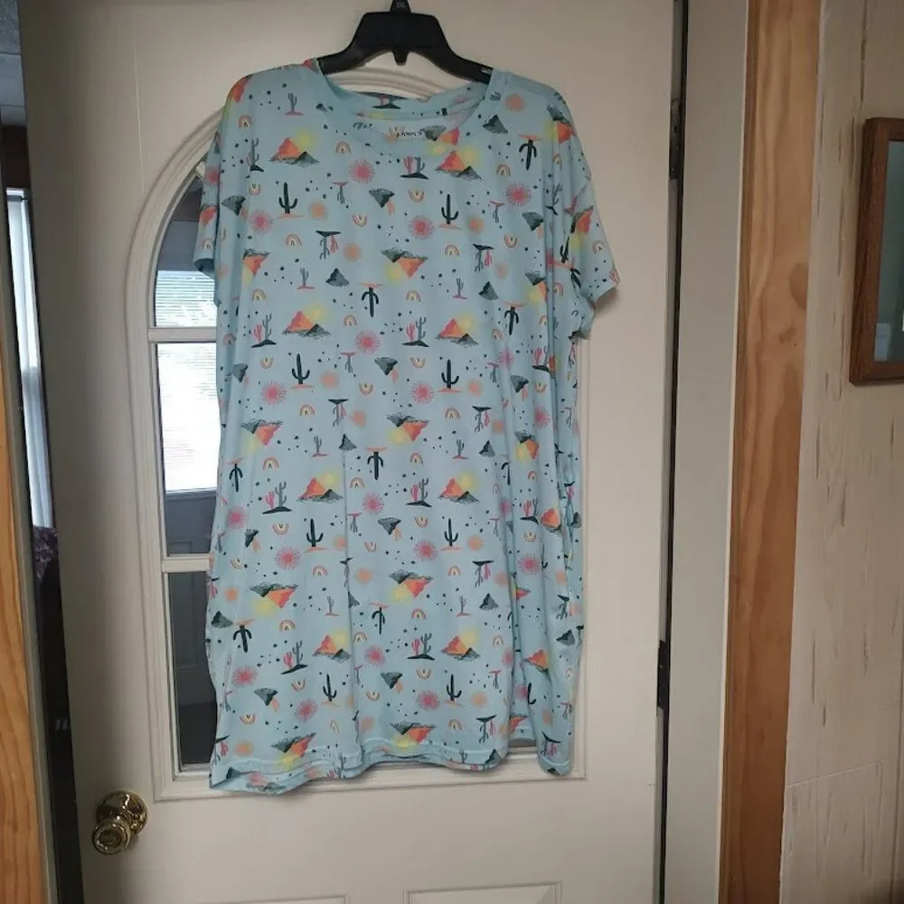 JoySpun Light Blue Cactus Rainbow Mountains Nightgown Size Women's L/XL
